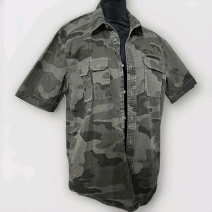 Sean John Men's Camo Shirt Size L Green Short Sleeve 2-Top Pockets Utility